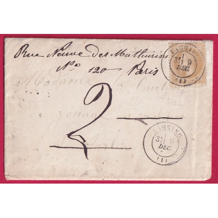 N°28 CAD TYPE 17 LAGNIEU AIN POUR ST SORLIN TAXE REEXPEDITION 2 POUR PARIS 1869