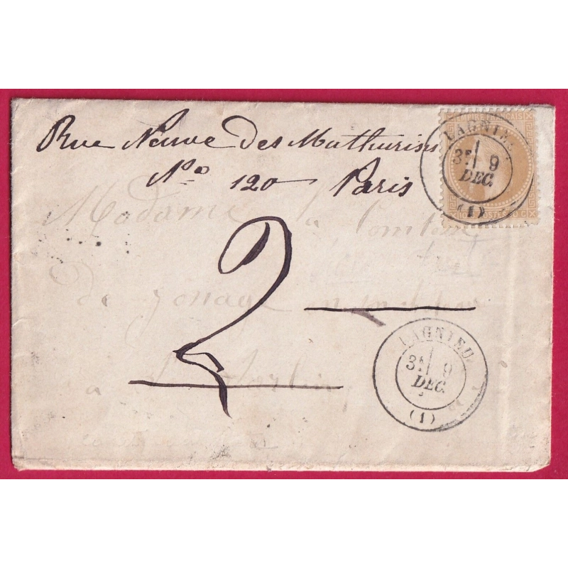 N°28 CAD TYPE 17 LAGNIEU AIN POUR ST SORLIN TAXE REEXPEDITION 2 POUR PARIS 1869
