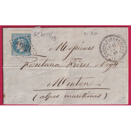 N°29 VARIETE PIQUAGE A CHEVAL BORD DE FEUILLE GC 4953 CAZOULS LES BEZIERS HERAULT CAD TYPE 24 LETTRE COVER FRANCE