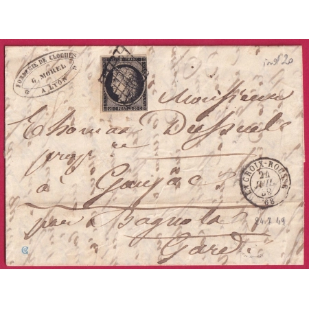 N°3 GRILLE LA CROIX ROUSSE LYON RHONE 24.07.1849 POUR BAGNOLS GARD INDICE 20 LETTRE COVER FRANCE