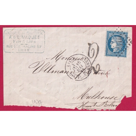 N°60 LILLE Qer ST MARTIN NORD POUR MULHOUSE TAXE ALLEMANDE 2 DEVANT DE LETTRE FRONT COVER FRANCE