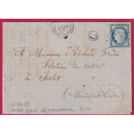 N°60 GC 2689 NOTRE DAME DE VAUDREUIL EURE BOITE RURALE C ST CYR ETIQUETTE AU DOS CHOLET MAINE ET LOIRE LETTRE FRANCE