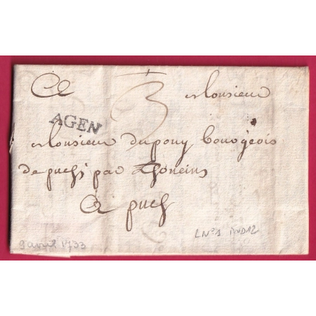 MARQUE AGEN LOT ET GARONNE 1733 LENAIN N°1 INDICE 12 POUR TONNEINS LETTRE COVER FRANCE