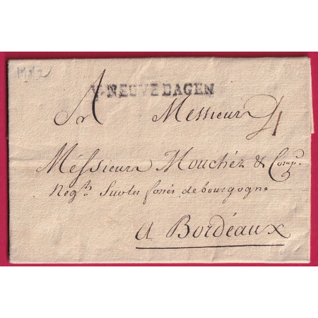 MARQUE VILLENEUVE D'AGEN LOT ET GARONNE 1772 POUR BORDEAUX LENAIN N°3 INDICE 11 LETTRE COVER FRANCE