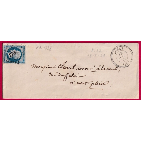 N°14 PC 1798 LUNAS HERAULT CAD TYPE 22 POUR MONTPELLIER INDICE 13 LETTRE COVER FRANCE