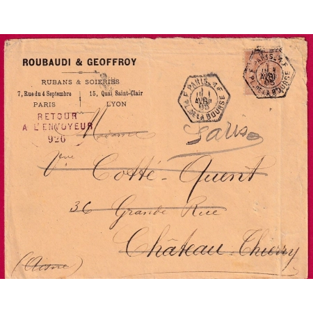 N°80 LEVEE EXCEPTIONNELLE F PARIS 1F PL DE LA BOURSE CHATEAU THIERRY  RETOUR ENVOYEUR 926 LETTRE COVER FRANCE