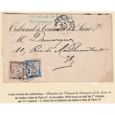 FRANCHISE PRESIDENT TRIBUNAL DE COMMERCE PARIS TAXE DUVAL A 15 10+5 POUR PARIS LETTRE COVER FRANCE