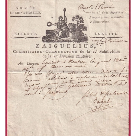 ARMEE DE RHIN ET MOSELLE BELLE VIGNETTE REVOLUTIONNAIRE ZAIGUELUS COMMISSAIRE GUERRES COLMAR HAUT RHIN 1796