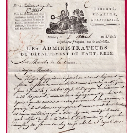 ARMEE DE RHIN ET MOSELLE BELLE VIGNETTE REVOLUTIONNAIRE ADMINISTRATEURS DEPT HAUT RHIN COLMAR 1796