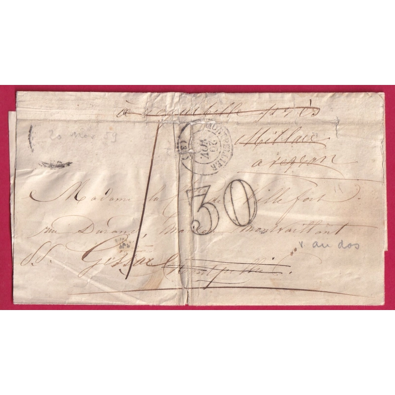 LETTRE LOCALE MONTPELLIER HERAULT TAXE 1 REEXPEDIEE TAXE 30 MILLAU AVEYRON 1859 LETTRE COVER FRANCE