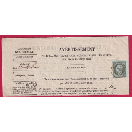 N°11 SEUL SUR AVERTISSEMENT MONTPELLIER HERAULT 1862 TTB LETTRE FRANCE