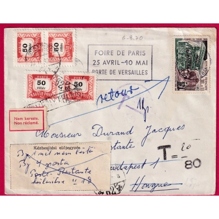 N°1569 PARIS 1970 TIMBRES TAXE BUDAPEST HONGRIE LETTRE COVER FRANCE