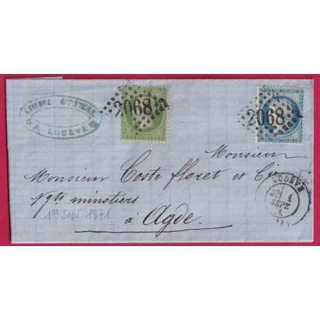 N°20 + 37 LODEVE 1 SEPTEMBRE 1871 1ER JOUR DE TARIF POUR AGDE HERAULT LETTRE COVER FRANCE