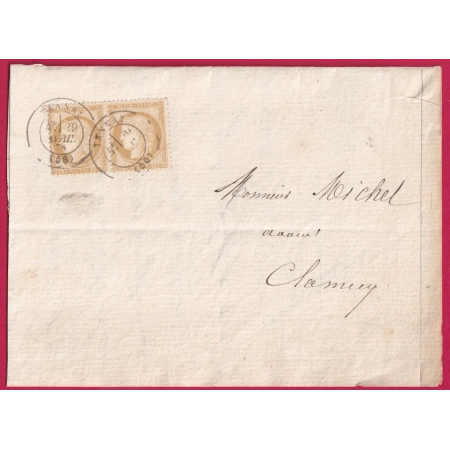 N°55 PAIRE DOUBLE PORT OU PAPIERS AFFAIRES CAD TYPE 17 TANNAY NIEVRE POUR CLAMECY LETTRE COVER FRANCE