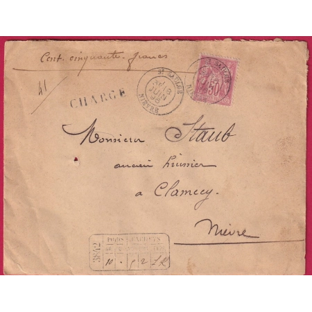 N°98 ST SAULCE NIEVRE LETTRE CHARGE AVIS AU RECTO POUR CLAMECY LETTRE COVER FRANCE