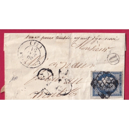 N°4 GRILLE CASTRIES HERAULT TAXE 25C TIMBRE AYANT DEJA SERVI CURSIVE LES MATELLES EN ARRIVEE 1851 LETTRE COVER FRANCE