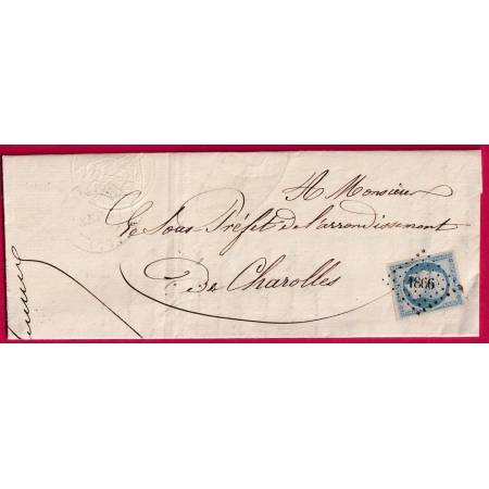 N°14 BLEU LAITEUX PC 1866 CAD TYPE 14 MARCIGNY SAONE ET LOIRE POUR CHAROLLES INDICE 16 LETTRE COVER FRANCE