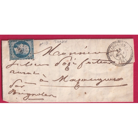 N°10 UTILISATION TARDIVE 18 AOUT 1854 PC 906 COLLOBRIERES HERAULT CAD TYPE 22 POUR BRIGNOLLES LETTRE COVER FRANCE