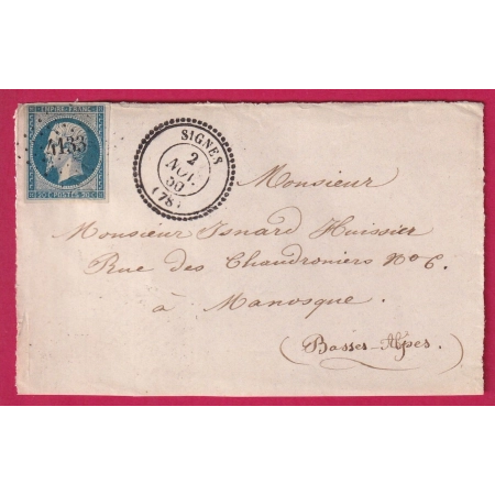 N°14 PC 4133 SIGNES VAD CAD TYPE 22 POUR MANOSQUE DEVANT DE LETTRE FRONT INDICE 19 COVER FRANCE