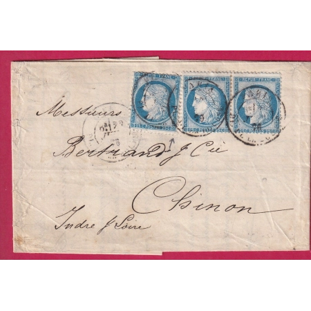 N°60 PAIRE + UN CAD PARIS PL DE LA BOURSE POUR CHINON INDRE ET LOIRE TYPE 18 LETTRE COVER FRANCE