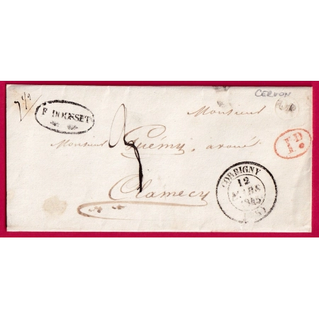 CAD TYPE 14 CORBIGNY OR CERVON + DECIME RURAL 1845 POUR CLAMECY LETTRE COVER FRANCE