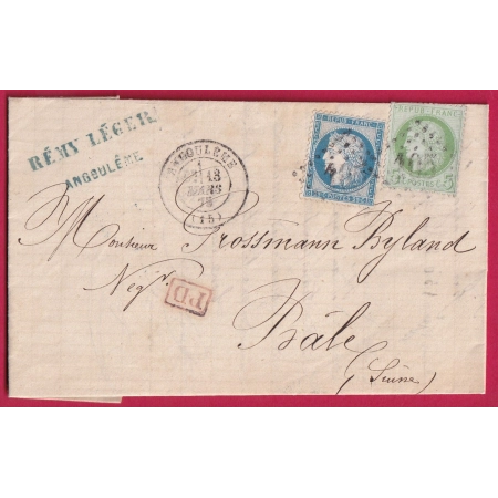 N°53 + 60 GC 105 ANGOULEME CHARENTE POUR BALE SUISSE LETTRE COVER FRANCE