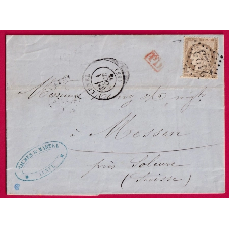 N°56 GC 2123 LUNEL HERAULT POUR MESSEN SUISSE 1875 VARIETE ROSETTE SUP GAUCHE LETTRE COVER FRANCE