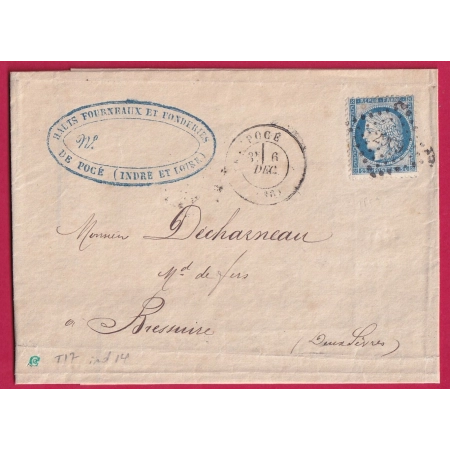 N°60 PC DU GC 2909 POCE INDRE ET LOIRE CAD TYPE 17 INDICE 14 POUR BRESSUIRE DEUX SEVRES LETTRE COVER FRANCE