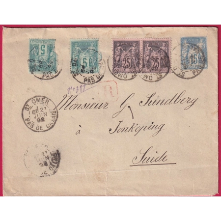ENTIER RECOMMANDE ST OMER PAS DE CALAIS POUR JONKOPING SUEDE SWEDEN LETTRE COVER FRANCE