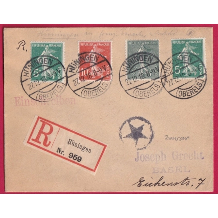 N°130 137 138 OBLITERATION ALLEMANDE HUNINGUE HAUT RHIN RECOMMANDE FRONTALIER 1918 CENSURE BALE SUISSE LETTRE WW1