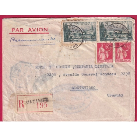 N°894 X2 283 MAZAMET TARN 1940 POUR MONTEVIDEO URUGUAY RECOMMANDE PAR AVION LETTRE COVER