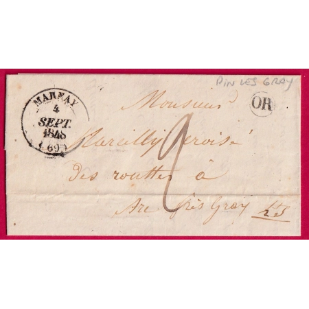 CAD TYPE 14 MARNAY HAUTE SAONE OR PIN LES GRAY POUR GRAY 1848 LETTRE COVER FRANCE