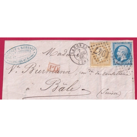 N°21 22 GC 1947 LANGRES HAUTE MARNE POUR BALE SUISSE DEVANT DE LETTRE FRONT COVER FRANCE