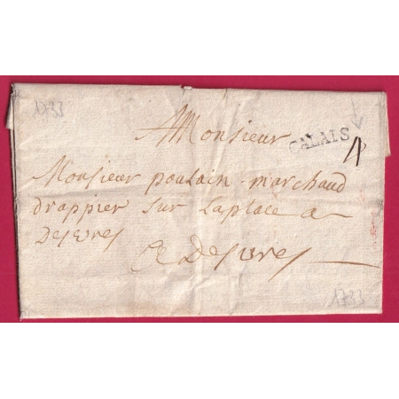 MARQUE CALAIS PAS DE CALAIS 21mm LENAIN N°3 INDICE 17 1733 POUR YPRES BELGIQUE LETTRE COVER FRANCE