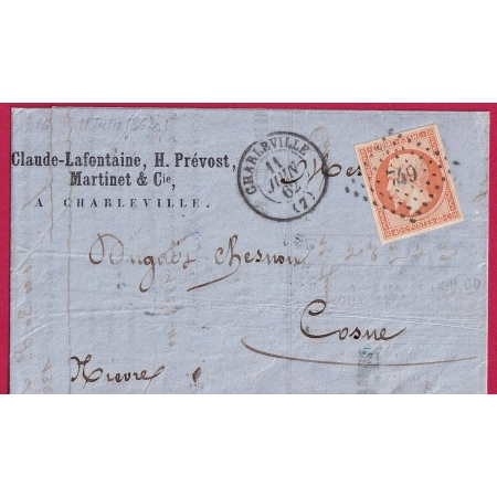 N°16 TTB PC 749 CHARLEVILLE ARDENNES POUR COSNE NIEVRE LETTRE COVER FRANCE