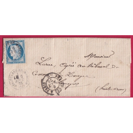 N°60 CAD TYPE 16 BELLEGARDE EN MARCHE CREUSE + AMBULANT PERIGUEUX A PARIS POUR LIMOGES LETTRE COVER FRANCE