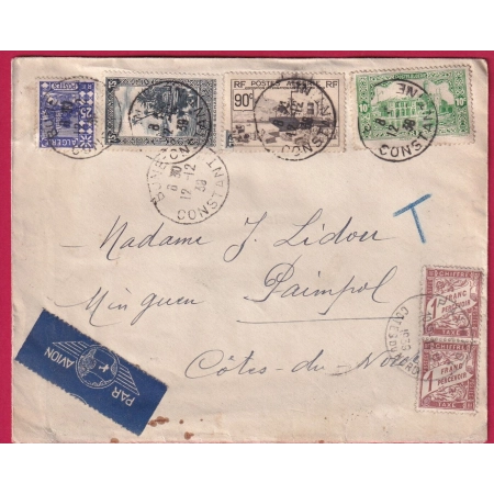 ALGERIE BONE CONSTANTINE 1939 TAXE 2X1FR DUVAL MARRON PAIMPOL COTES DU NORD LETTRE COVER FRANCE