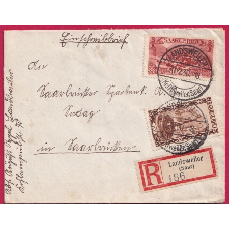 SAAR LANDSWEILER 1930 OCCUPATION FRANCAISE RECOMMANDE POUR SAARBRUCKEN LETTRE COVER FRANCE