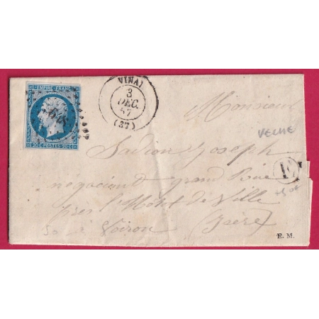 N°14 PC 3648 VINAY ISERE BOITE RURALE E TECHE POUR VOIRON LETTRE COVER FRANCE