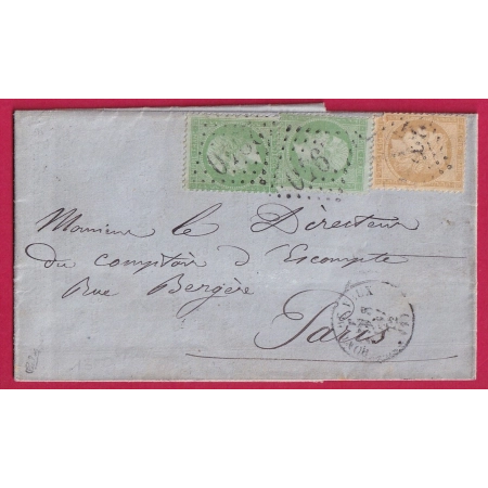 N°59 + 20 X2 GC 2940 PONT DE VAUX AIN 8 MAI 1872 POUR PARIS SIGNE CALVES LETTRE COVER FRANCE