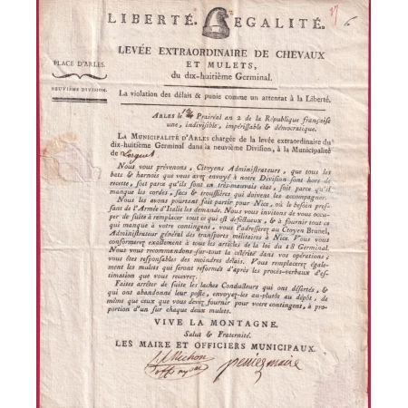 BELLE LETTRE ILLUSTREE REVOLUTIONNAIRE LEVEE EXTRAORDINAIRE CHEVAUX ET MULET ARLES BOUCHES DU RHONE AN2 1794