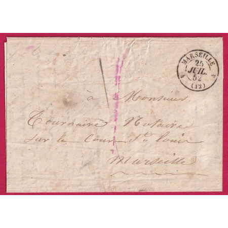 CAD TYPE 15 MARSEILLE 4 12 4 1852 TAXE LOCALE 1 EN ROUGE ET NOIR POUR MARSEILLE LETTRE COVER FRANCE