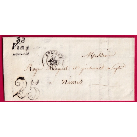 CURSIVE GRATTEE 33 VIAS HERAULT 1851 TAXE 25 POUR NIMES GARD INDICE 16 LETTRE COVER FRANCE