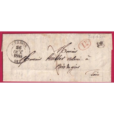 CAD TYPE 13 CERDON AIN OR JUJURIEUX + DECIME RURAL POUR RIVE DE GIERS 1845 LETTRE COVER FRANCE