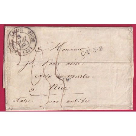 CAD TYPE 11 AGDE HERAULT POUR NICE ALPES MARITIMES ETATS SARDES LETTRE COVER FRANCE
