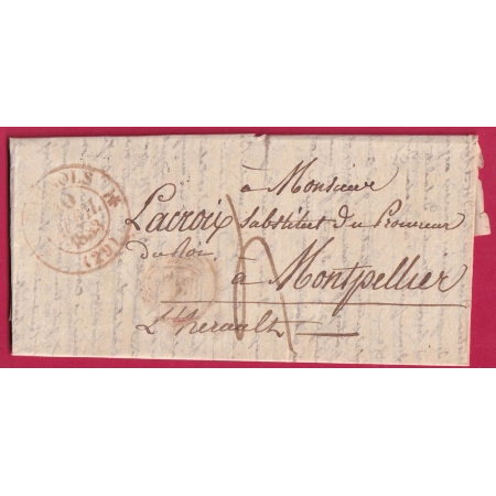 CAD TYPE 12 BAGNOLS GARD EN ROUGE POUR MONTPELLIER 1833 INDICE 10 LETTRE COVER FRANCE