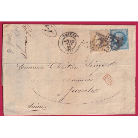 N°28 29 GC 85 AMIENS SOMME POUR ZURICH SUISSE 1869 BELLE FACTURE LETTRE COVER FRANCE