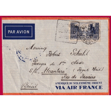 N°261 SEUL SUR LETTRE DAGUIN BENFELD BAS RHIN 1937 S/S ALCANTARA RIO JANEIRO BRESIL BRASIL LETTRE COVER FRANCE