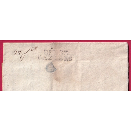 DEBOURSE DEB 33 BEZIERS HERAULT REEXP LOUPIAN DEPART TOULOUSE 1815 INDICE 16 LETTRE COVER FRANCE