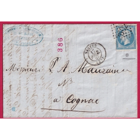 N°22 VARIETE TACHE ENTRE T ET E DE POSTES GC NANTES POUR COGNAC LETTRE COVER FRANCE